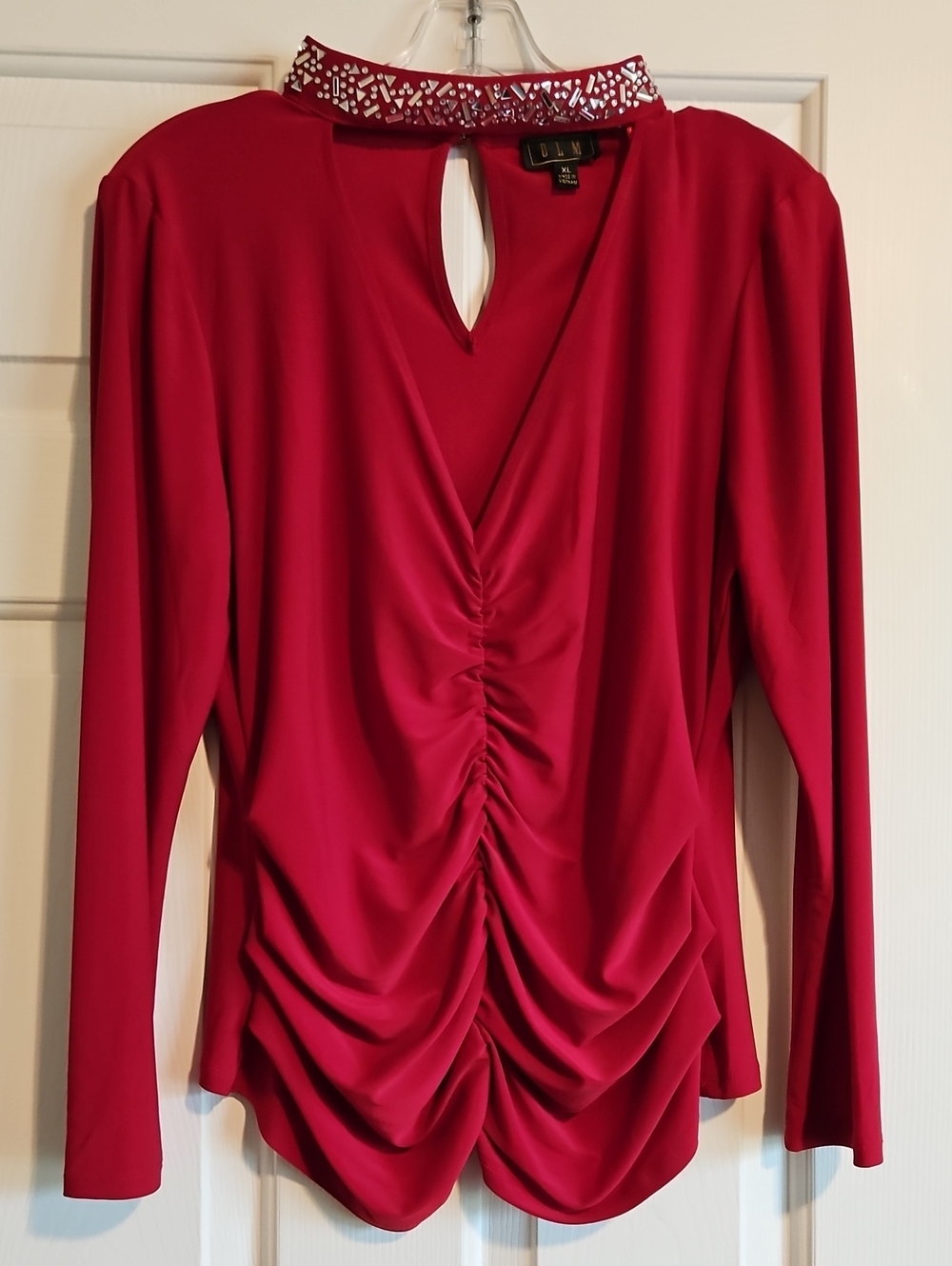 Celebration Party Ruched Red Top With Mirror Embelished Collar Women's sz XL